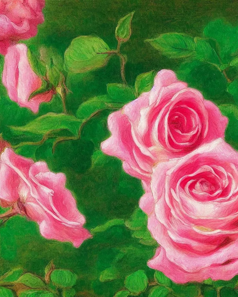 Image similar to achingly beautiful extreme close up painting of blooming pink rose on green background by rene magritte, monet, and turner. piranesi. macro lens.