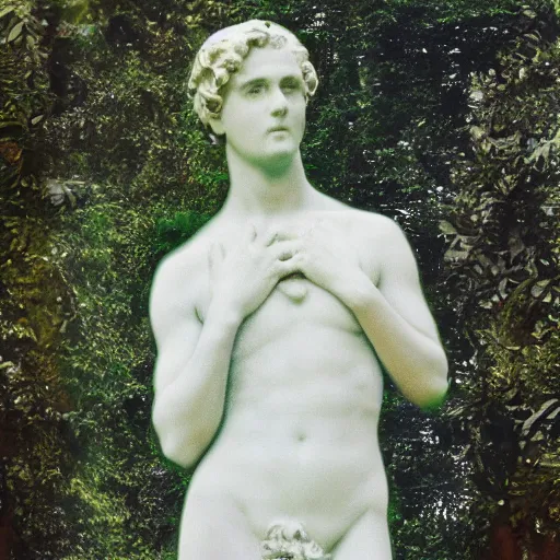 Image similar to a close-up color studio photo of an antic marble statue of Evgeniy Shwartz, surrounding by foliage, dreamy autochrome pinhole photography,