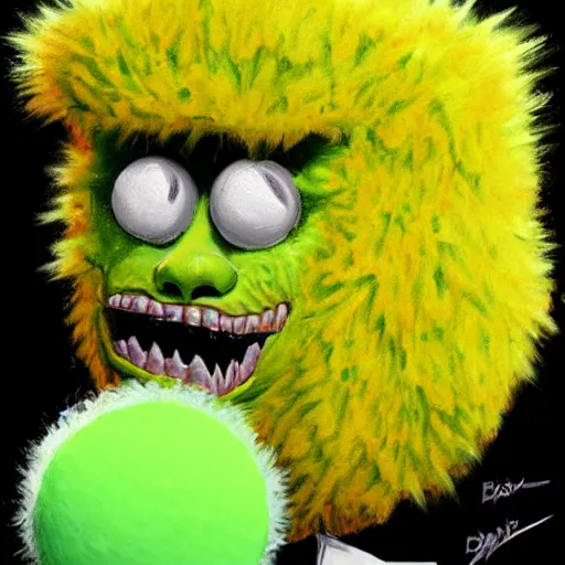 Image similar to a tennis ball monsters, wearing a puffy jacket,, digital art, fantasy, magic, chalk, trending on artstation, ultra detailed, professional illustration by basil gogos