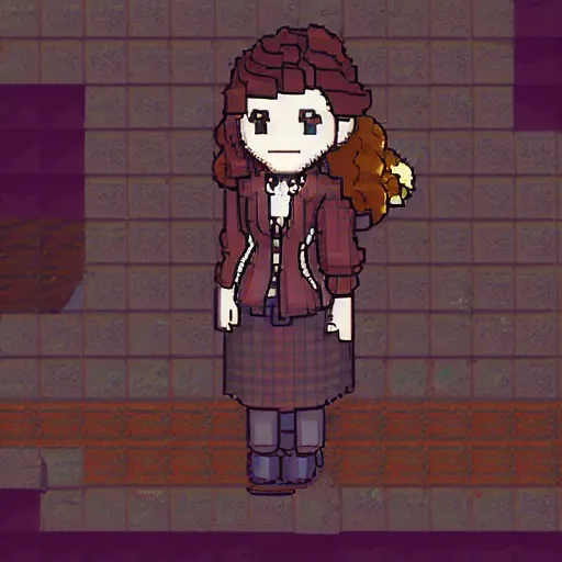 Prompt: isometric, pixel art, octopath traveler style, a girl, brown jacket with long sleeves, brown hair, hair down, pigtails hair, green eyes, no background, volumetric lighting