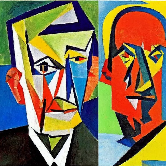 Prompt: cubistic painting of Samuel Beckett by Picasso and Georges Braque, brushstrokes