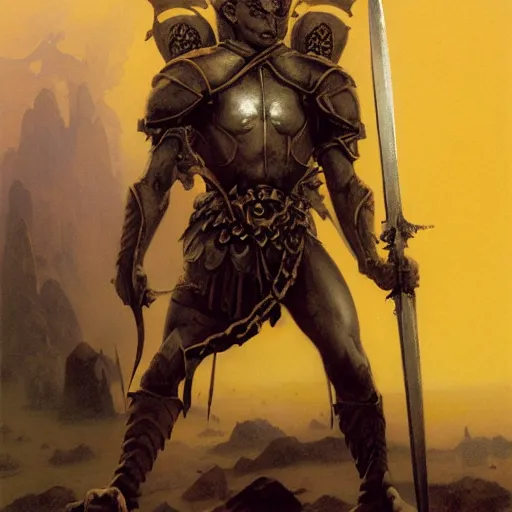 Image similar to ( ( ( quarter length portrait of a gaunt noseless yellow - skinned bald githyanki warrior in a breastplate, wielding a magical silver greatsword ) ) ), greg rutkowski, frank frazetta, alexandre chaudret, boris vallejo, michael whelan, miro petrov, magali villeneuve, donato giancola, d & d
