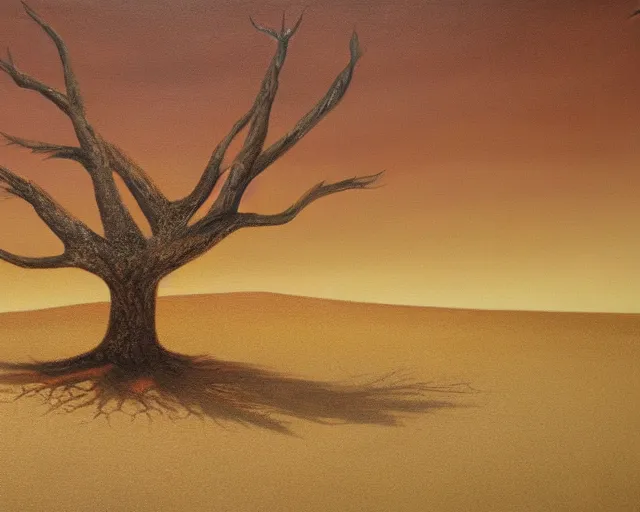 Image similar to a painting of a tree in the desert, an airbrush painting by breyten breytenbach, detailed sand pattern, cgsociety, neo - primitivism, airbrush art, dystopian art, apocalypse landscape