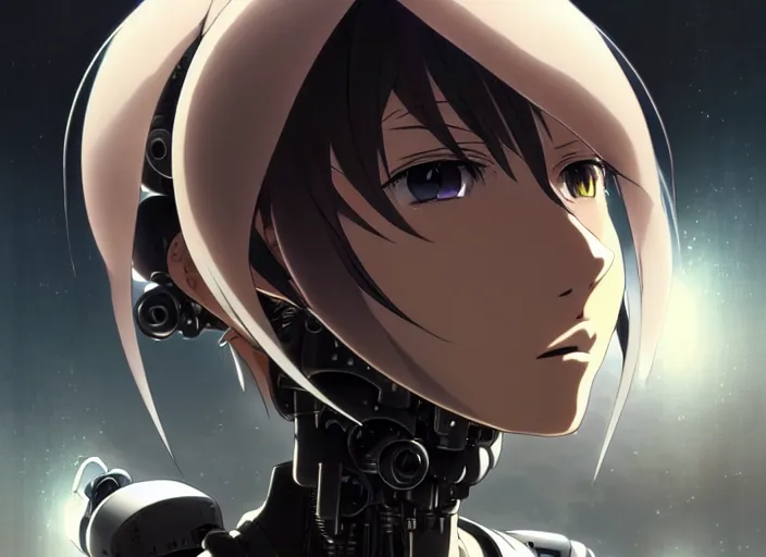 Image similar to a anime portrait of a cyborg woman!! finely detailed features, closeup at the face, sharp focus, perfect art, night - time city background, cinematic lighting, highly detailed, intricate, anime!! artstation, trending on pixiv fanbox, painted by greg rutkowski, studio ghibli, yoji shinkawa, hayao miyazaki,