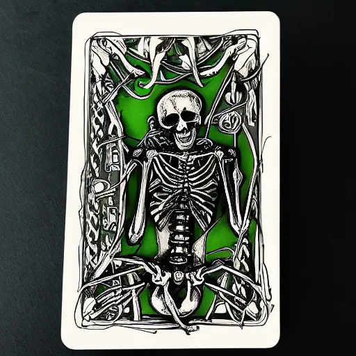 Image similar to tarot card style skeleton made from metal and wires, extremely detailed, line work, black and green, parchment, card, tarot, manuscript, 8 k