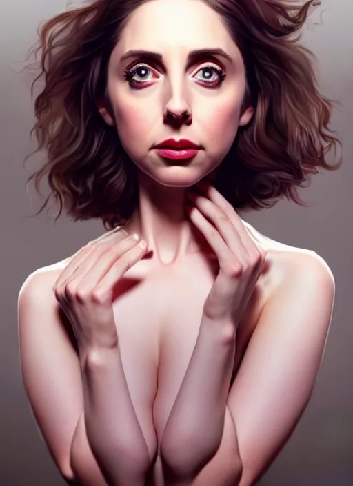 Image similar to full body gorgeous young Alison Brie, realistic character concept, full body pose, autumn, shorter neck, illustration, symmetrical eyes and body, cinematic lighting, detailed realistic symmetrical eyes, artgerm, Joshua Middleton, single face, insanely detailed and intricate, beautiful