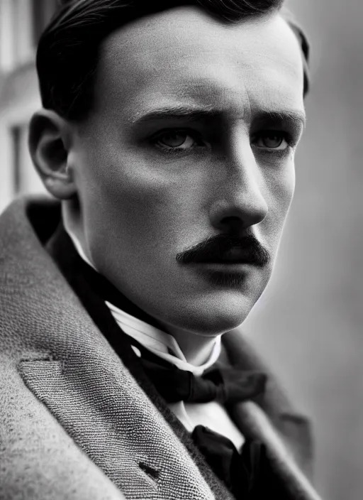 Prompt: close up portrait of a young edwardian politician on a balcony, male, edwardian, formal, detailed face, deep focus, movie still, dramatic lighting, ray tracing, by hendrik kerstens and paolo roversi