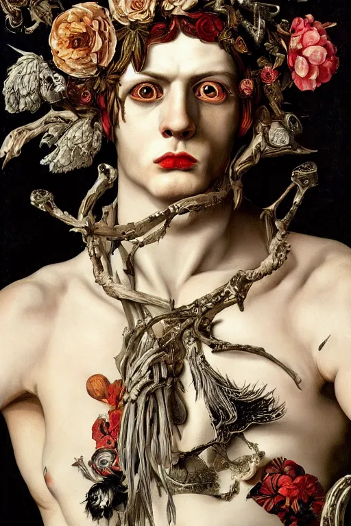 Prompt: Detailed maximalist portrait a greek god with large lips and with large white eyes, exasperated expression, botany bones, HD mixed media, 3D collage, Grimm fury takes character, highly detailed and intricate, surreal illustration in the style of Caravaggio, dark art, baroque