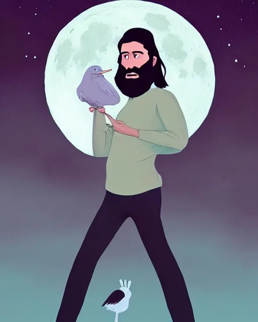 Prompt: portrait of a man with long black hair and beard holding his imaginary bird friend in his hands, full moon in the background, fine portrait, beautiful, realistic, by tomer hanuka