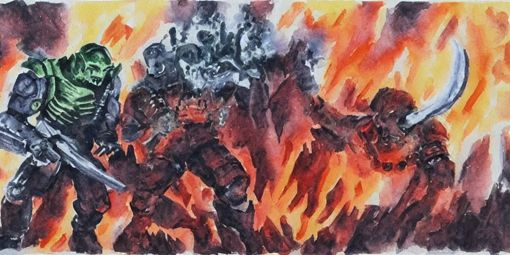 Image similar to doomguy fight in hell watercolor art dark shadows pergament paper