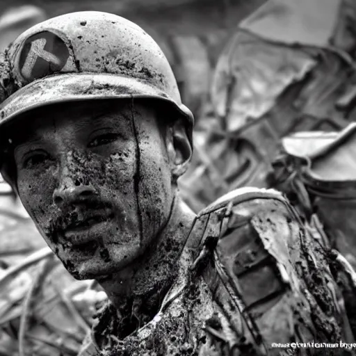 Image similar to super mario in vietnam war trenches, dirty, muddy, violent, sharp focus, hyper realistic, sony 5 0 mm lens