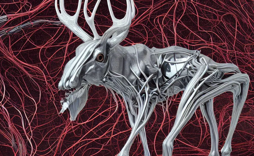 Prompt: stylized shiny polished silver statue full body bizarre cosmic horror quadruped animal moose deer skull four legs made of slug creature tendrils, perfect symmetrical body, perfect symmetrical face, hyper realistic, hyper detailed, by johannen voss, by michelangelo, octane render, blender, 8 k, displayed in pure white studio room anatomical deep red arteries veins flesh