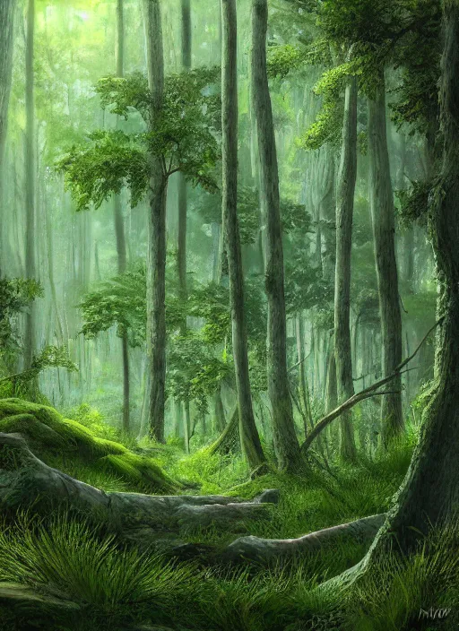 A highly detailed matte painting of a dense forest by