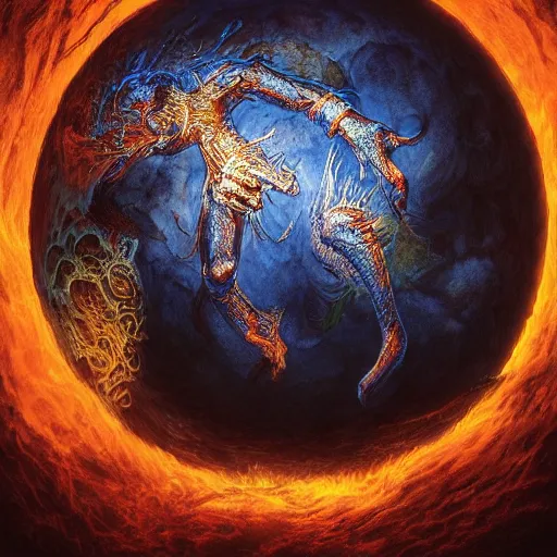 Image similar to photorealistic demonic globe in the style of michael whelan and gustave dore. hyperdetailed photorealism, 1 0 8 megapixels, amazing depth, glowing rich colors, powerful imagery, psychedelic overtones, 3 d finalrender, 3 d shading, cinematic lighting, artstation concept art