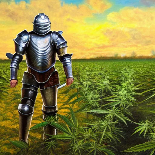 Image similar to a highly detailey oil painting of a full armored knight in a cannabis field. brush strokes. 4 k. colorful. photoshop. trending on artstation