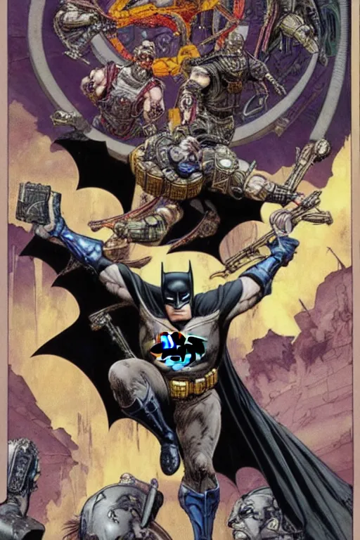Prompt: a stunning and hypnotic full-color ancient art nouveau styled action shot of batman as a violent cyborg king with stony and condemning eyes, extremely detailed and brusque swarthy facial structure, dieselpunk armor, perfectly symmetrical facial structure and linework, proud and honorable facial characteristics, by bill sienkiewicz, travis charest and michael golden, dark sci-fi, deep complexity, precisely accurate male muscle anatomy, muscular male hero, superhero character concept art, photorealism, stunning framing, dim volumetric lighting, hyperrealism, 8k