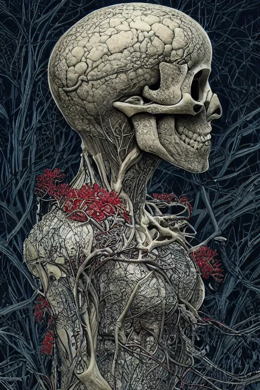 Prompt: a girl in a closed helmet-skull in a alive biopunk dress consisting of swollen muscles, tendons, bones joints, protruding pistons. masterpiece 4k digital design by Takato Yamamoto, award winning, Artstation, Takato Yamamoto aesthetic, Neo-Gothic, gothic, forest on background, intricate details, realistic, hyperdetailed, 8k resolution