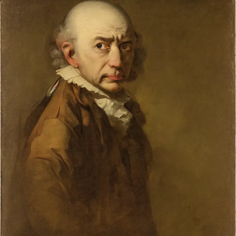 Image similar to portrait of a 60 years old strict looking man, bald patch, sqare-jawed in 17th century clothing, painting by Rosalba Carriera, Anton Mengs, Thomas Gainsborough, Élisabeth Vigée-Lebrun.