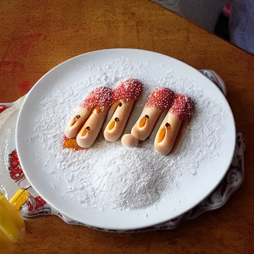 Prompt: highly detailed, art, realistic, pancakes sprinkled in white powder with hotdogs on top