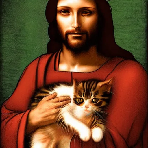 Image similar to portrait of jesus holding a cute cat, digital art, by leonardo da vinci