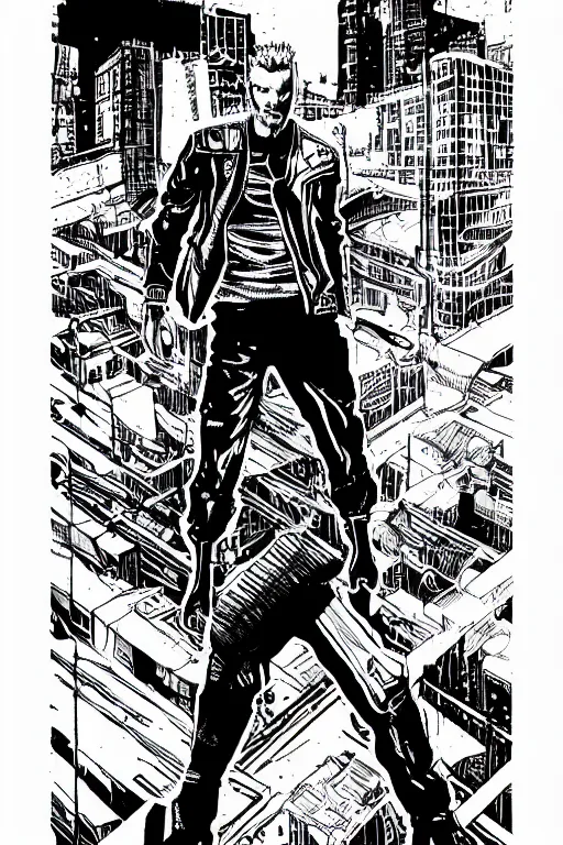 Image similar to jamie vardy standing heroically, a page from cyberpunk 2 0 2 0, style of paolo parente, style of mike jackson, adam smasher, johnny silverhand, 1 9 9 0 s comic book style, white background, ink drawing, black and white