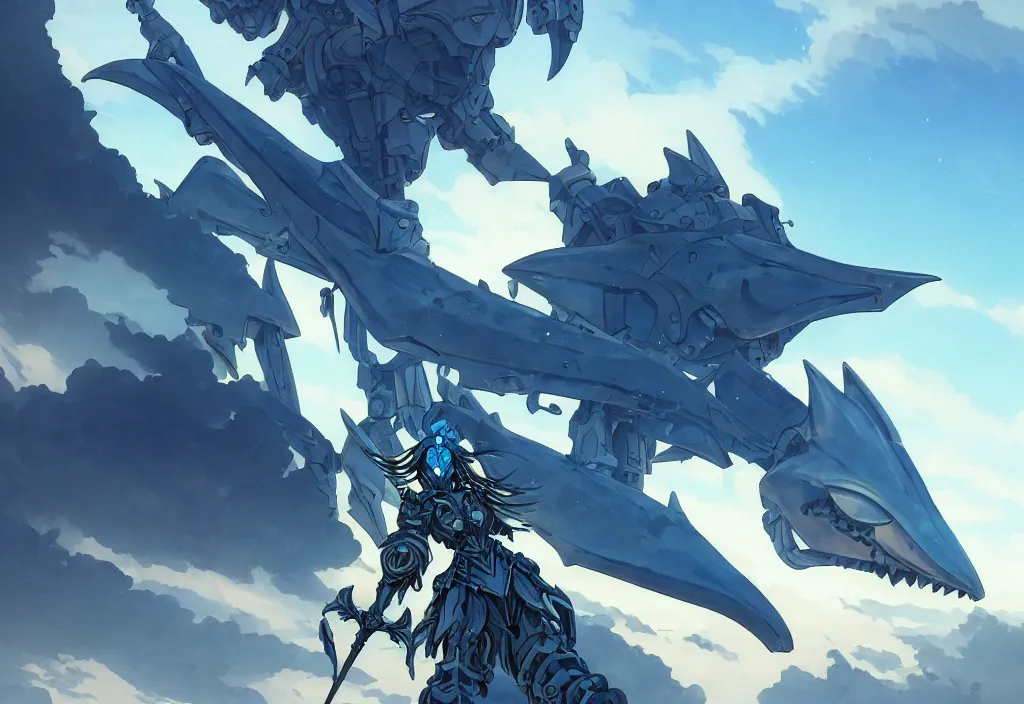 Image similar to close up of a extremely beautiful and aesthetic mech armor witch holding a symmetrical trident, highly detailed face, attractive symmetrical eyes, back shark fin, big wave horizon, dynamic model pose, slightly smiling, blue sky, big blade whale and black giants mech minotaurus, epic scene, fantasy illustrations, by makoto shinkai and peter mohrbacher and ferdinand knab