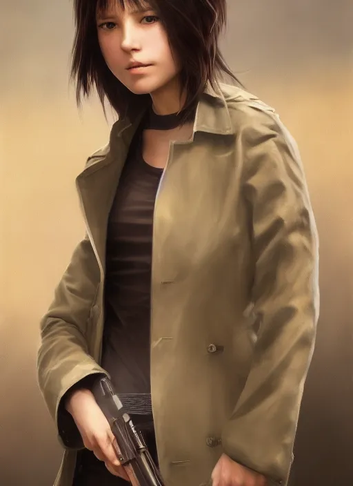 Prompt: upper body portrait of a young girl from final fantasy live action, with short black hair and green eyes in a tan trenchcoat over a white shirt, holding a gun, award winning, masterpiece digital painting by greg rutkowski, alex grey, artstation, 4 k wallpaper,