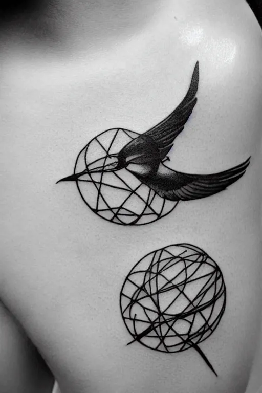 Image similar to a beautiful tattoo design of minimalist swallows flying into spherical lines and simple basic shapes, black ink, abstract logo, line art