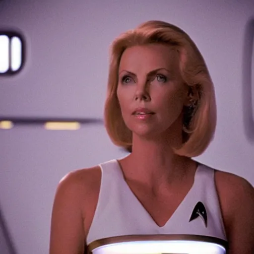 Prompt: movie film still of Charlize Theron as Beverly Crusher in a new Star Trek The Next Generation movie, cinematic