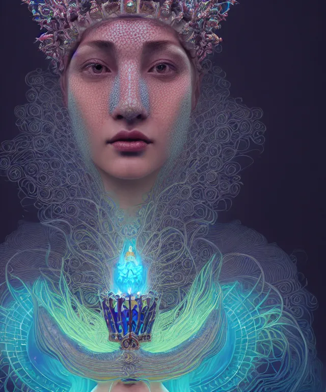 Image similar to symmetrical, centered, close-up portrait of goddess wearing crown made of betta fish, phoenix, bioluminiscent elements, intricate artwork by Tooth Wu and wlop and beeple. octane render, trending on artstation, greg rutkowski very coherent symmetrical artwork. cinematic, hyper realism, high detail, octane render, 8k