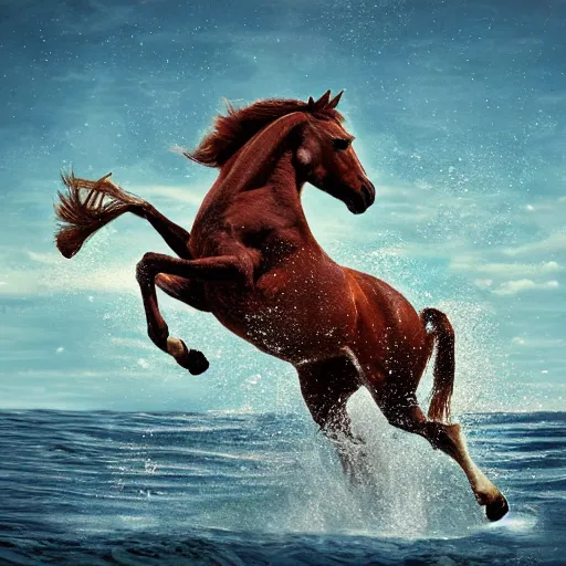 Image similar to horse swimming in the ocean with fork and knife, photorealistic, high detail