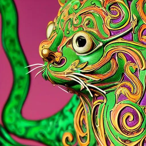 Image similar to colourful highly detailed ornate decorative green man as a cat face 3 d sculplture by walter crane and william morris, closeup, twisting leaves, flowing lines, abstract psychedelic, 8 k, artstation