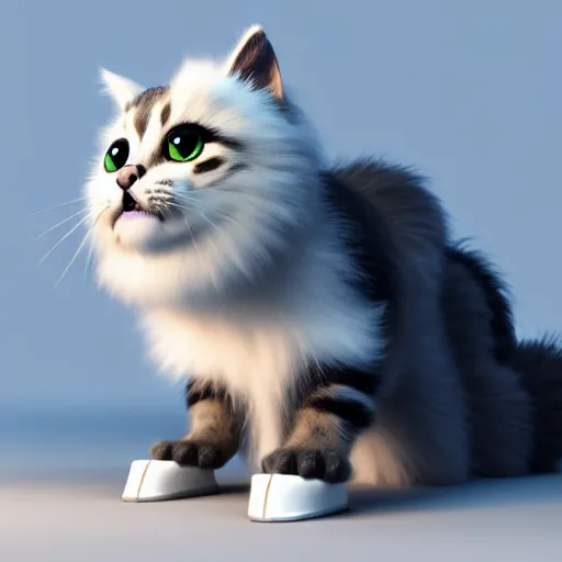 Image similar to high quality 3 d render very cute fluffy cyborg cat standing on a surfboard, highly detailed, unreal engine cinematic smooth, moody light, low angle, uhd 8 k, sharp focus