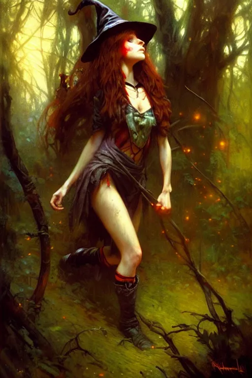 Image similar to young witch girl in the woods, highly detailed, realistic style. by raymond swanland, gaston bussiere, simon bisley