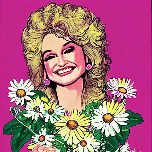 Image similar to young Dolly Parton surrounded by daisies, 70s poster design, retro, groovy, hippie