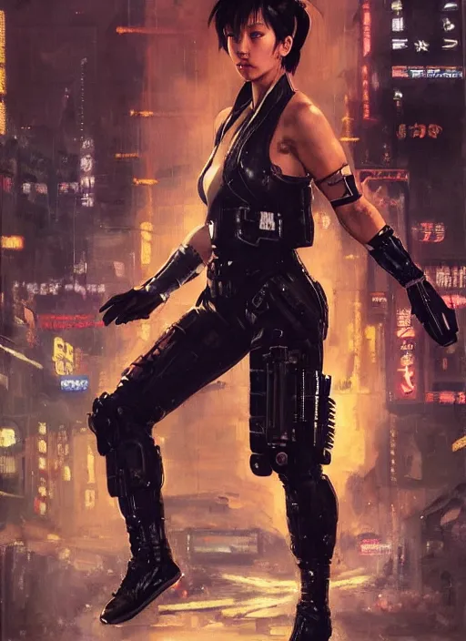 Image similar to chun li high kick. cyberpunk police trooper in a military vest ( blade runner 2 0 4 9, cyberpunk 2 0 7 7 ). orientalist portrait by john william waterhouse and james gurney and theodore ralli and nasreddine dinet, oil on canvas. cinematic, hyper realism, realistic proportions, dramatic lighting, high detail 4 k