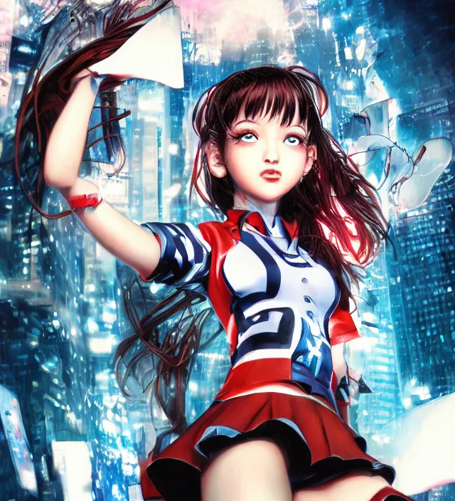 Prompt: hd 3 d rendered graphic novel video game portrait of a cute young schoolgirl complicated synaptic particles angelic deity demon future downtown in ishikawa ken miura kentaro gantz frank miller jim lee alex ross style detailed trending award winning on flickr artstation