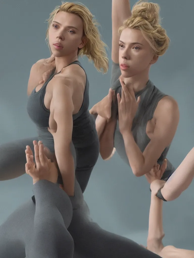 Image similar to scarlett johansson as a yoga instructor, yoga pants, decolletage, confident pose, coherent, insane detail, concept art, character concept, cinematic lighting, global illumination radiating a glowing aura