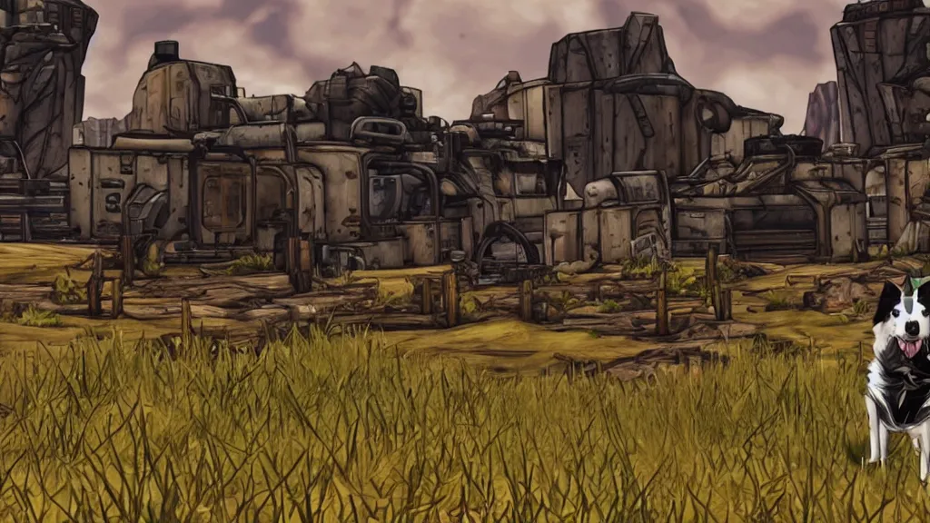 Image similar to border collie dog in the style of borderlands 2. Border collie is in the centre of the frame. Borderlands 2 level background.