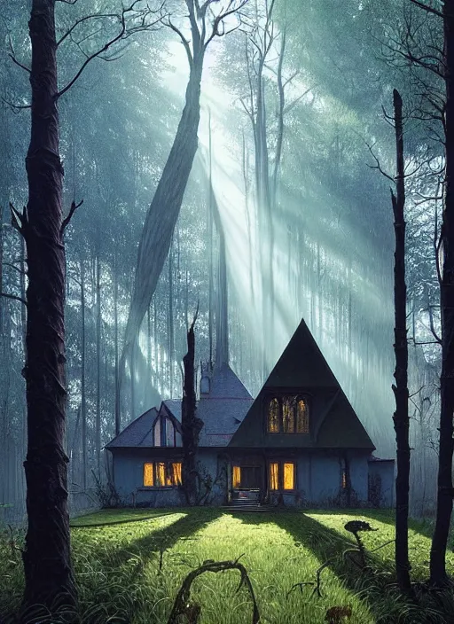 Image similar to hyper realistic witchy modern gothic house with mood lighting and tech in the woods gorgeous lighting, sunbeams blue sky, highly detailed, lush forest foliage painting by zdzisław beksinski and norman rockwell and greg rutkowski weta studio, and lucasfilm