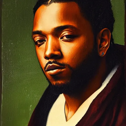 Image similar to a renaissance style portrait painting of kendrick lamar