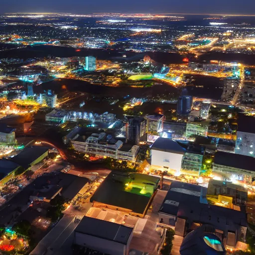 Image similar to modern anime still of an overview from the air of a small coastal Florida town at night, downtown in the distance, key anime visuals