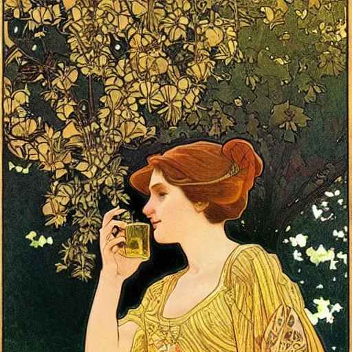 Image similar to “ girl drinking a beer under a tree, art nouveau, very detailed, gold leaf, plants, illustration by alphonse mucha ”