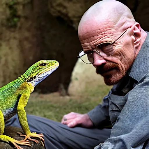 Image similar to walter white pets a lizard