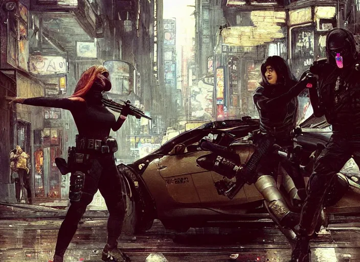 Image similar to sophia evades sgt Jonah. Cyberpunk hitwoman escaping Cyberpunk police troopers in street clothes (police state, Cyberpunk 2077, blade runner 2049, rainy city). Iranian orientalist portrait by john william waterhouse and Edwin Longsden Long and Theodore Ralli and Nasreddine Dinet, oil on canvas. Cinematic, hyper realistic, Dramatic lighting.