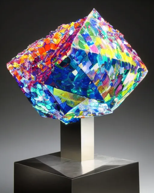 Image similar to a multicolored bismith sitting on top of a table, an abstract sculpture by john chamberlain, trending on pinterest, crystal cubism, angular, made of crystals, iridescent