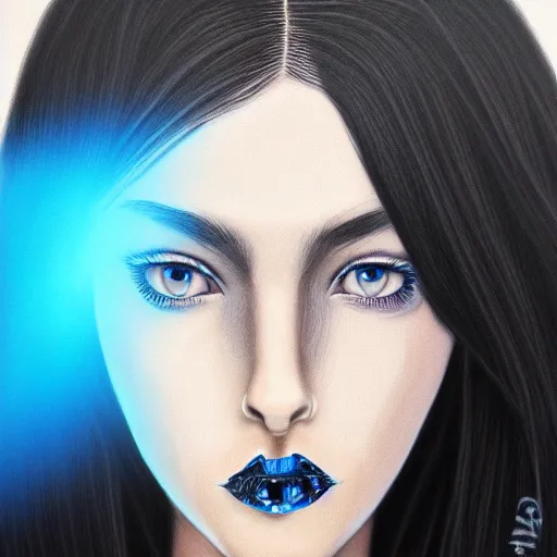 Image similar to photorealistic portrait of beautiful monster girl, black hair, blue eyes, glowing skin, detailed face, sharp focus