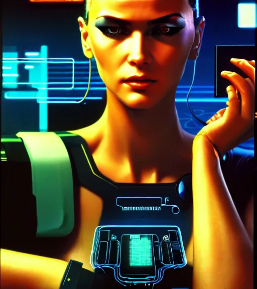 Image similar to cable inserted into head, jacked into cyberdeck wrist terminal, very very beautiful cyberpunk woman, computer, 1 9 7 9 omni magazine cover, style by vincent di fate, cyberpunk 2 0 7 7, very coherent, detailed, 4 k resolution, unreal engine, daz