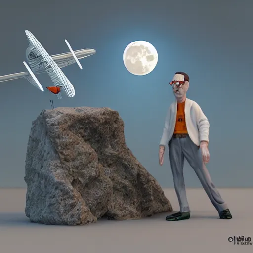 Image similar to full moon, figurines, travel, biplane!, propel, tilt shift, style of 3 d daz, occlusion, white clay, style of dave mckean, style of shuzo oshimi, style of will eisner, full of color, on white, smooth, thin sharp lines, detailed, octane render