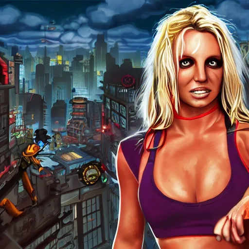 Image similar to painting of britney spears in racoon city full of zombies, hd, 4 k, 8 k artstation,